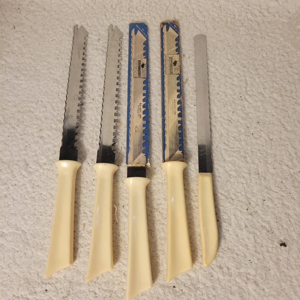 VTG Quikut Stainless Kitchen Knife Set 5 Yellow Handles USA Mid Century